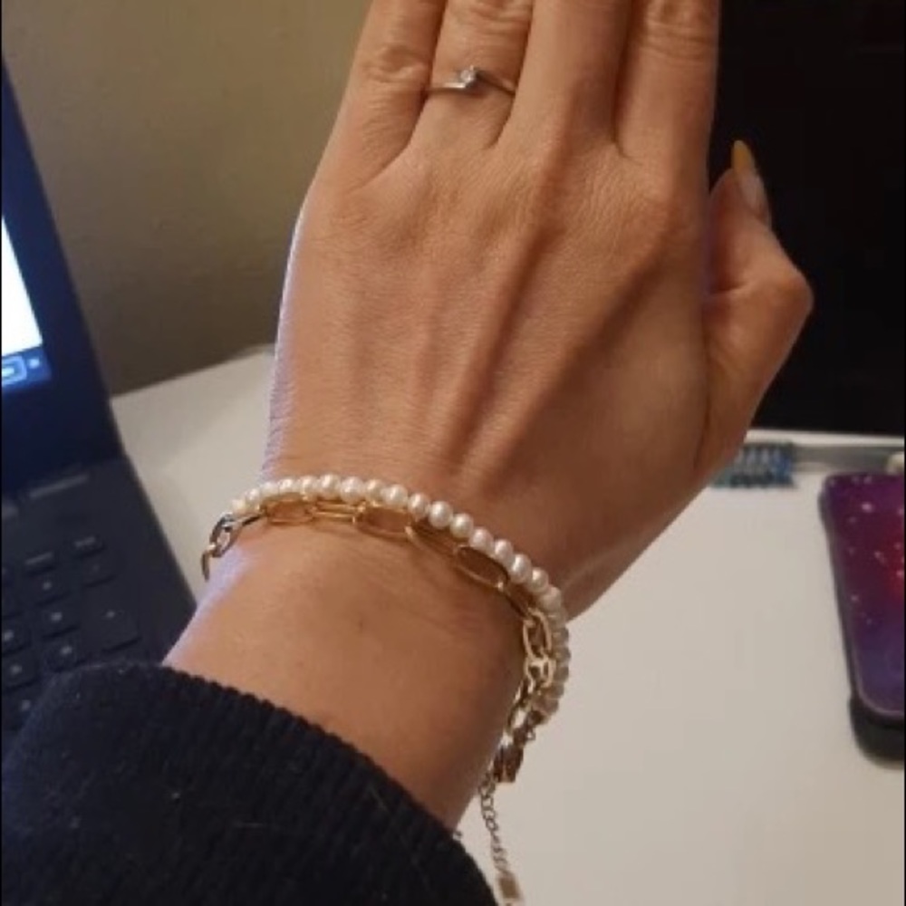 2in1 Zara Gold Genuine White Pearl Line 2-Linked Chained Bracelets